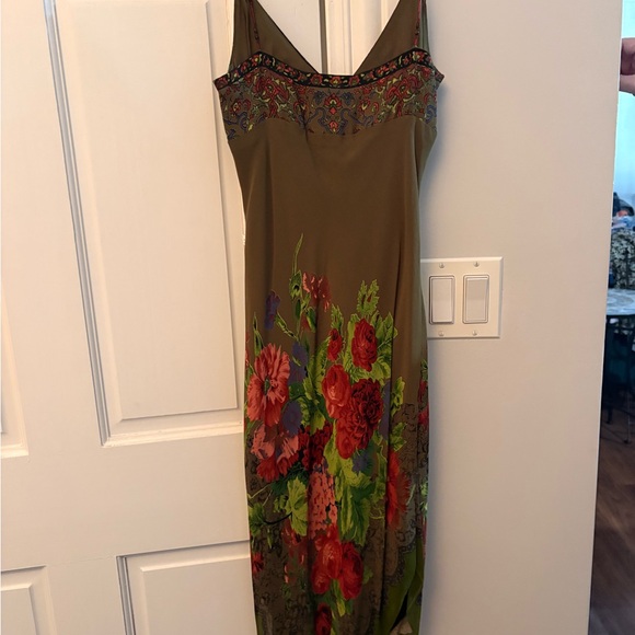 Cache Olive Green V-Neck Floral Dress with Red Accents - Picture 2 of 3